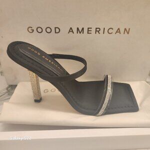 Good American Black Satin and Gold Rhinestone Square Toe Heels GA115K-X Size 5.5
